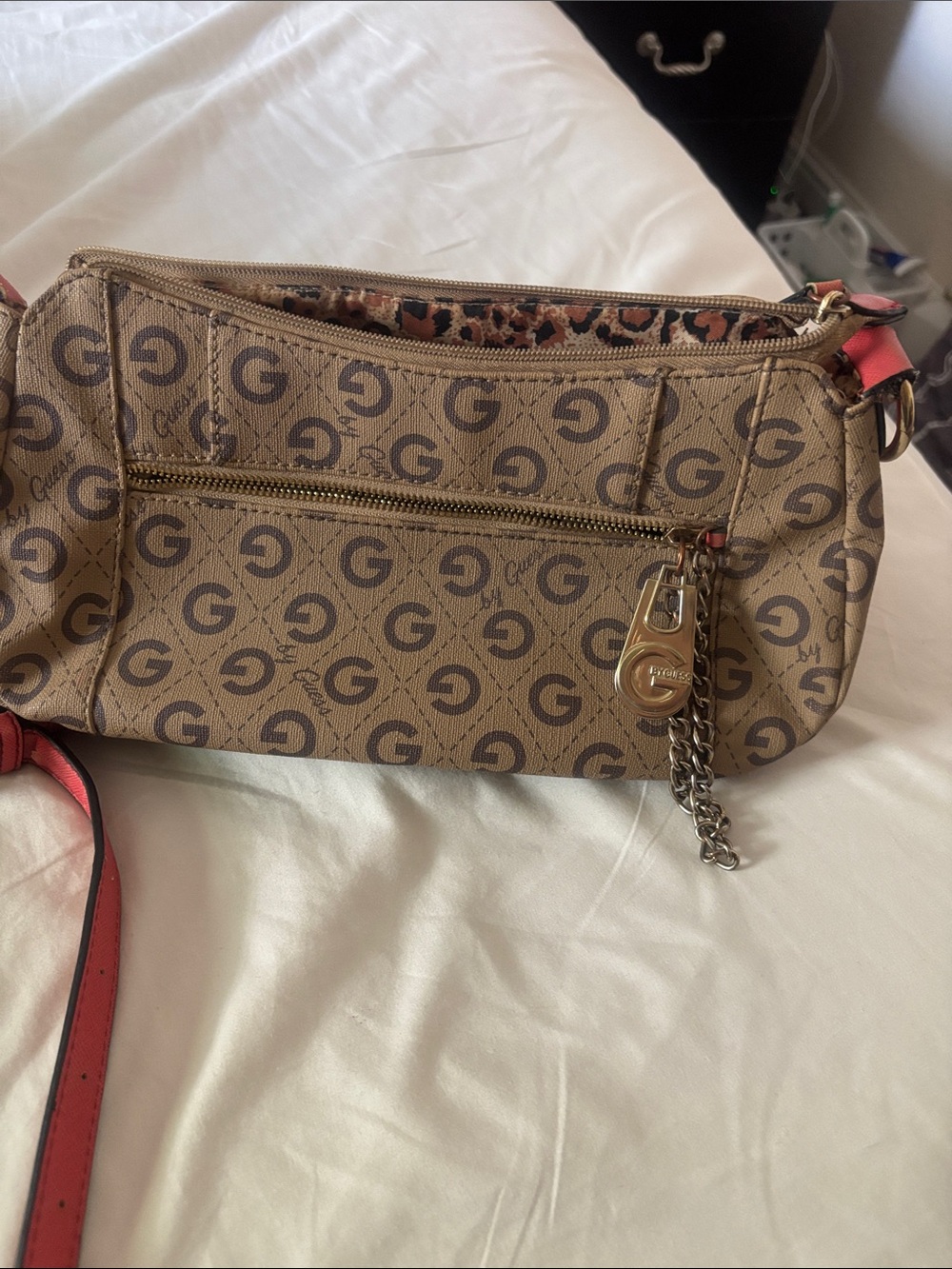 Guess Beige Logo Crossbody with Coral Trim and Gold Hardware